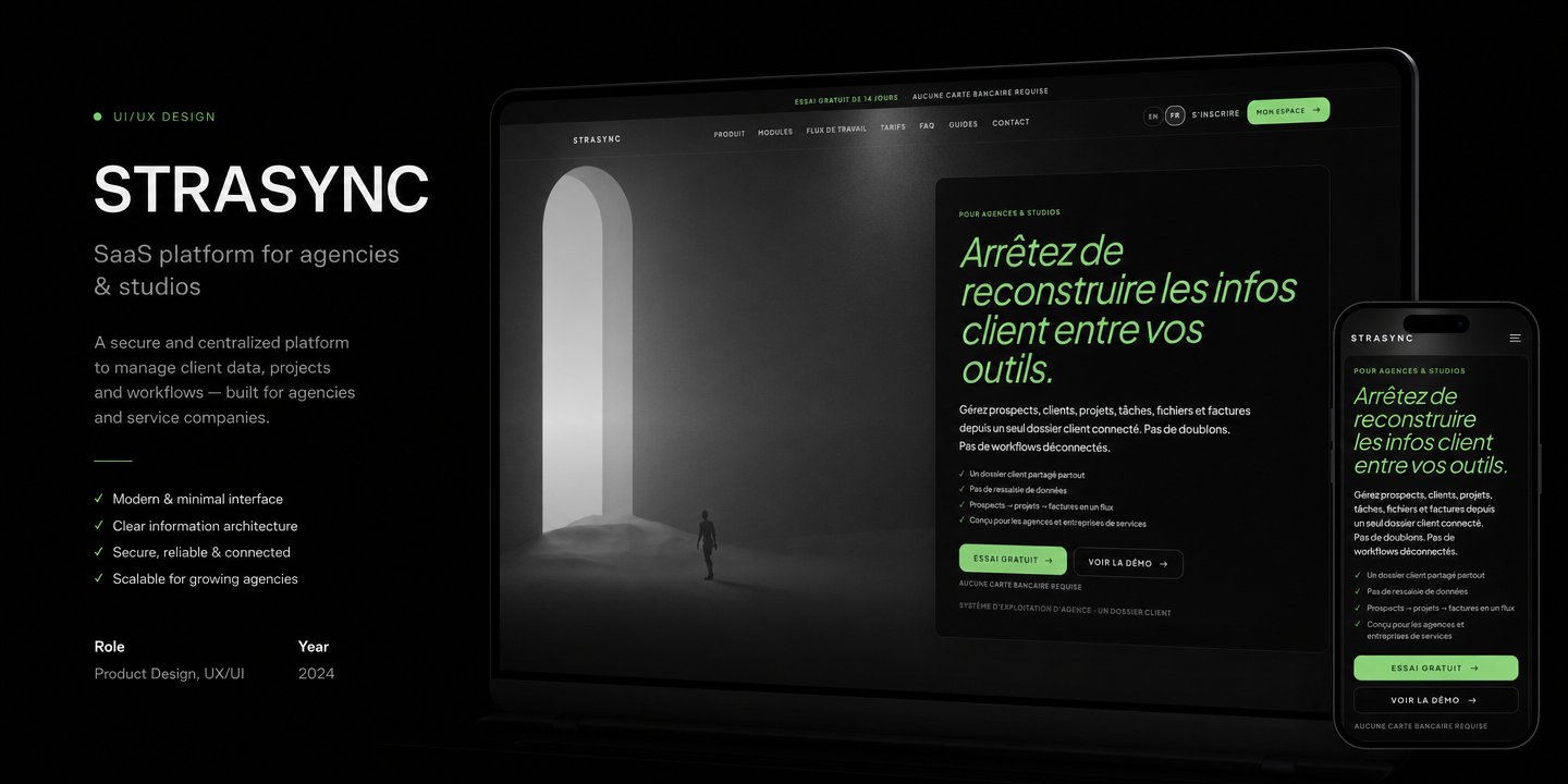 StraSync website case study mockup shown on laptop and phone screens
